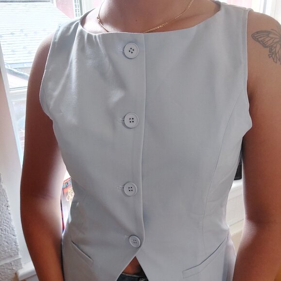 Woven Boat Neck Solid Button Vest - Picture 1 of 7